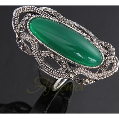 925 Silver MARCASITE Ring Oval Natural Green Stone jades S925 Sterling Solid Silver Rings for Women Jewelry