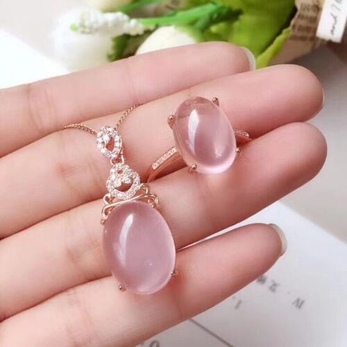 Free Shipping Natural Rose Quartz jewelry set Natural Real Rose Quartz 925 sterling silver 1pc pendant,1pc ring