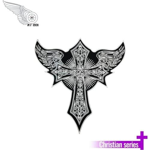 CROSS WITH angel wings Rider Motorcycle Embroidered Iron On Back of Jacket Patch Black twill fabric DIY Eco-Friendly