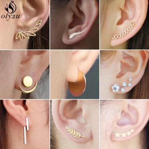 Fashion Simple Leaf Ear Climbers Pearl Flower Stud Earrings for Women Geometry Punk Ear Cuff Boho Star Moon Piercing Ear Jewelry