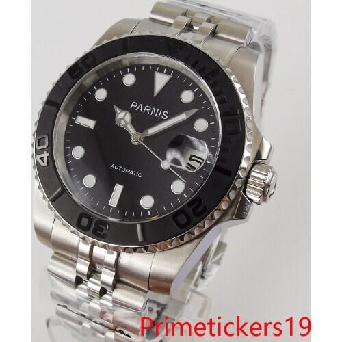PARNIS 40mm black dial men wristwatch date indicator sapphire glass stainless steel case ceramic bezel