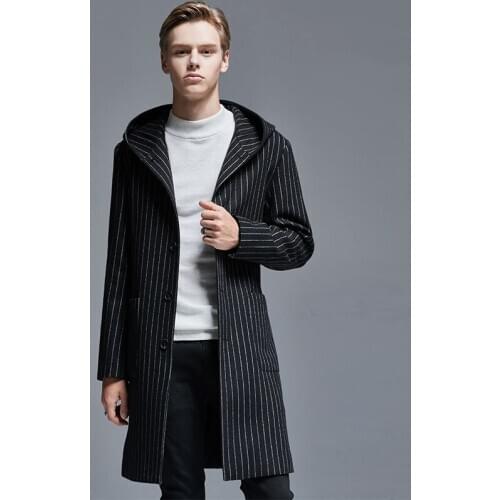 Men Autumn & Winter Minimalist Hooded Slim Woolen Coat Mens Fashion City Black Stripe Single Breasted Long Coats and Jackets