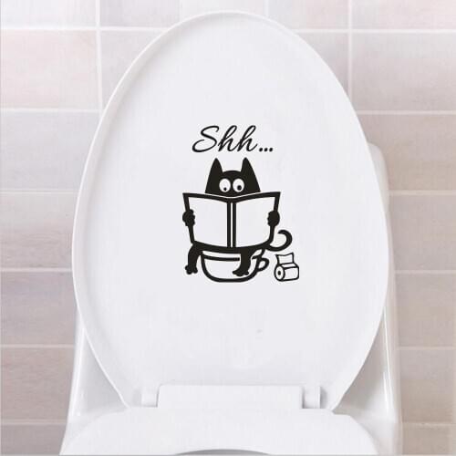 Toilet Stickers Cute Cat Shh Toilet Seat Art Mural Removable Cartoon Cat Bathroom Door Sticker Funny Poster DIY Home Decoration