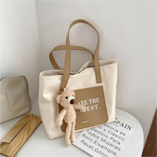 Summer 2021 New Fashion Soft College Student Shoulder Bag 2 Colors Cartoon pendant Large-capacity Female Letter printing Bag