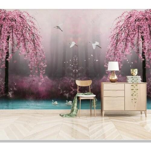 Papel de parede dreamy pink cherry blossom swan lake 3d wallpaper mural,living room tv wall bedroom wall paper home decor