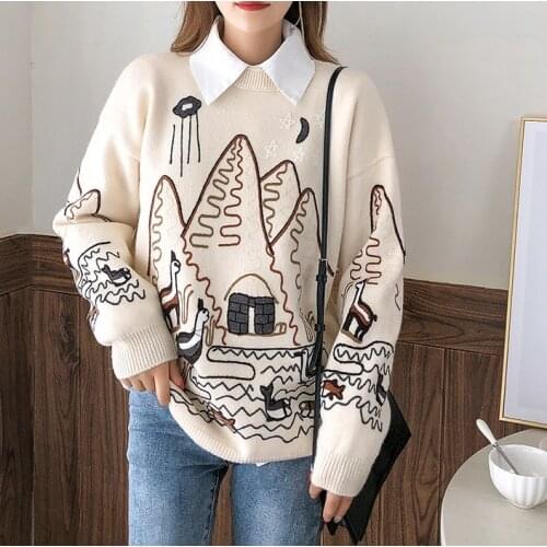 Obrix Female Sweet Trendy Pullover O-Neck Full Sleeve Loose Cool Knitted Sweater KoreanFashion Casual Style Sweatshirt For Women