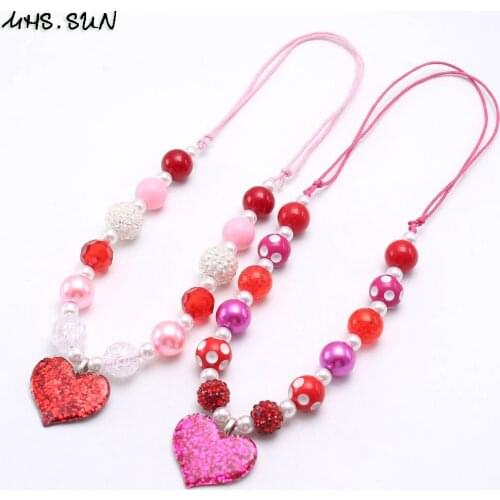 MHS.SUN New Lovely Heart Pendant Jewelry Necklace Red DIY Beads Necklace Little Girl Baby Kids Chunky Bubblegum Necklaces 1PC