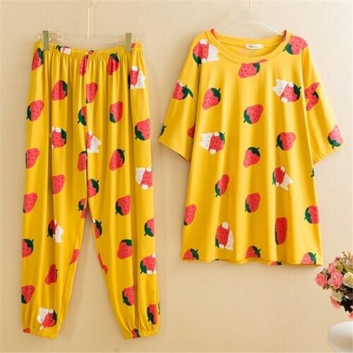 Pajamas cotton ladies summer short-sleeved loose fat MM home service suit yellow large size sweet casual pijamas women