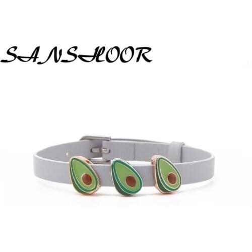 SANSHOOR Enamel Avocado Keeper Slide Charms Fit Pu Leather Bracelet Necklace Collection Women Diy Jewelry Making 6Pcs