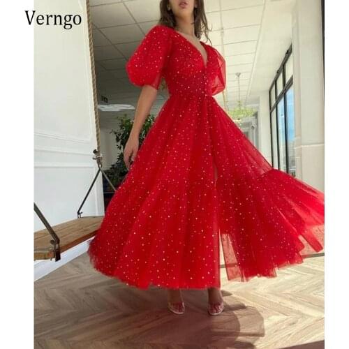 Verngo 2021 Sparkly Red Stars Tulle A Line Prom Dresses Short Puff Sleeves V Neck Buttons Front Ankle Length Formal Party Gowns