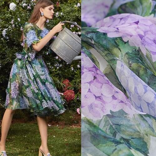 Green leave hydrangea natural silk chiffon plush fabric for dress tissu tecido tissus au metre tela tulle seda cheap fabrics DIY