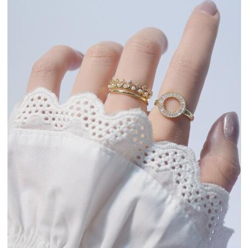 High Quality 14K Real Gold Round Simple Crown Double Temperament Pearl Open Design Cz Ring for Women Daily Jewelry