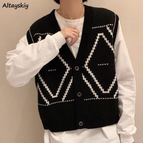 Sweaters vest women v-neck sleeveless korean style all-match spring autumn geometric single breasted preppy female clothing warm
