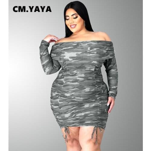 CM.YAYA Autumn Winter Plus Size L-4XL High Street Camouflage Vestidos Women Dress Fashion Off Shoulder Butterfly Sleeve Dresses
