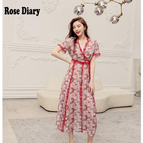 RoseDiary Women Lace Pachwork Big Swing Office Work Long Midi V-Neck Sundress 2021 Summer New Vintage Casual Party A-Line Dress