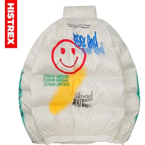 2020 Hip Hop Jacket Parka Smile Face Print Men Windbreaker Streetwear Harajuku Winter Padded Jacket Coat Warm Outwear Thick New