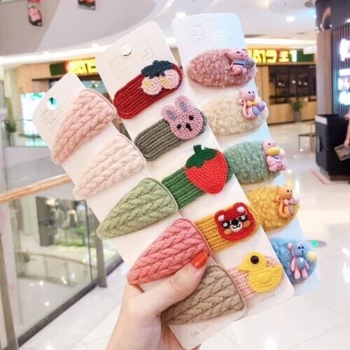 5Pcs/Set Children Cute Knitting Cartoon Fresh Fruit Flower Barrettes Hair Clips Girl Nylon Leopard Hairpins Kid Hair Accessories