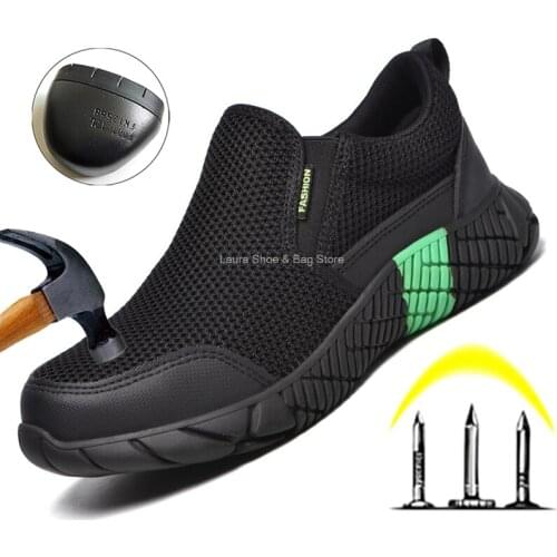 Mesh breathable safety shoes men slip on european standard steel toe cap summer work safety boots male protective footwear safe