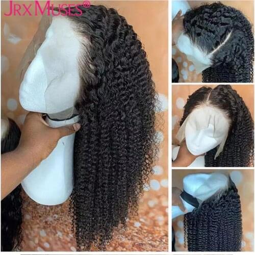 Brazilian Curly Wigs for Women Afro Kinky Curly T Part Lace Front Human Hair Wigs Middle Part Pre plucked Black Color Remy Hair