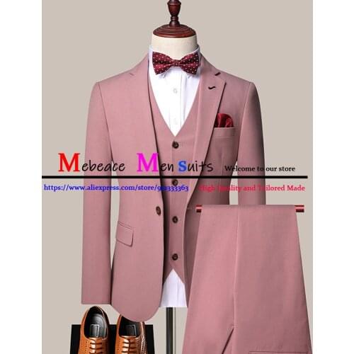 Elegant Dark Pink Men Suits Slim Fit Peaked Lapel Wedding Groom Tuxedo Best Man Blazer Terno Masculino 3 Piece (Jacket+Vest+Pant