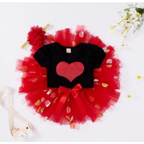 Baby Girl Romper Tops, Mesh Skirt, Floral Headband, Round Neck Short Sleeve Heart Printed Shirt, Sequined Half Dress