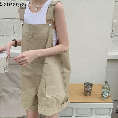 Rompers Women Solid Summer Retro Baggy Wide Leg Trousers Harajuku Females Streetwear All-match Leisure Simple Playsuits Ulzzang