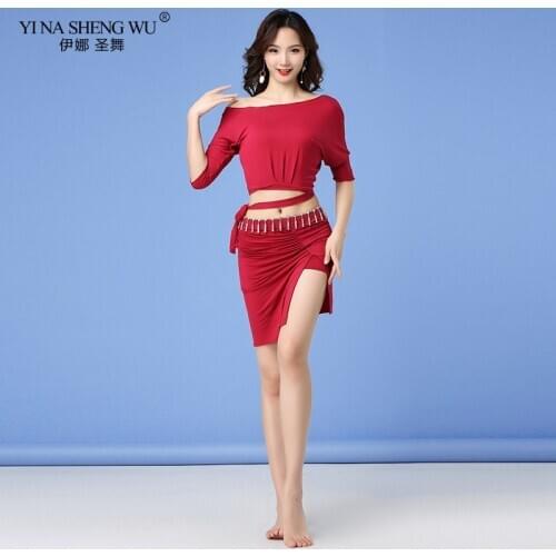 Cheap Women Dance Clothing Practice Class Wear Belly Dance Costume Set Girls Irregular Top and Skirt Bellydance cloth For Women