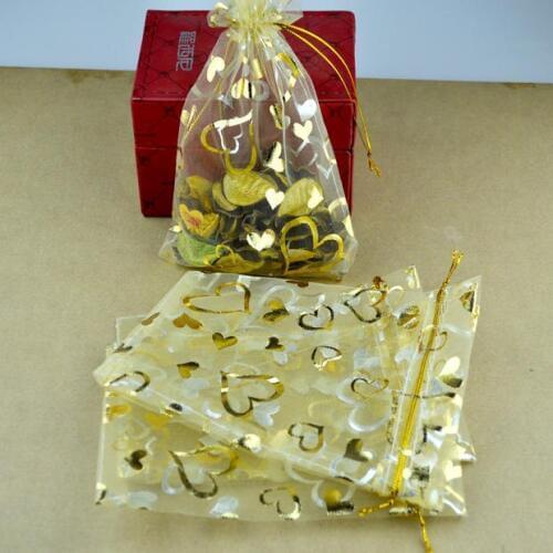 7x9cm Gold Heart Pattern Organza Bags Wholesale 100pcs/lot Wedding Gift Bags Small Jewelry Packing Bags Wedding Pouches