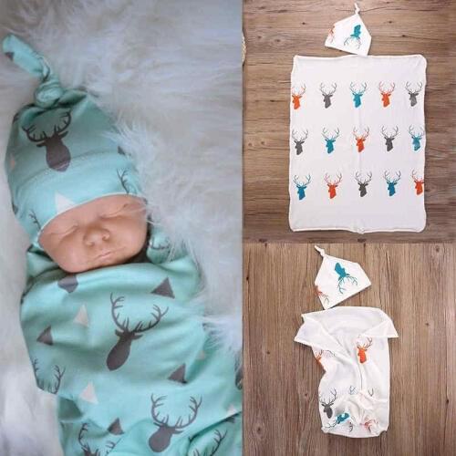 Cute Newborn Baby Receiving Blankets Toddler Infant Baby Boy Girl Swaddle Blanket Sleeping Swaddle Muslin Wrap+ Deer Pattern Hat