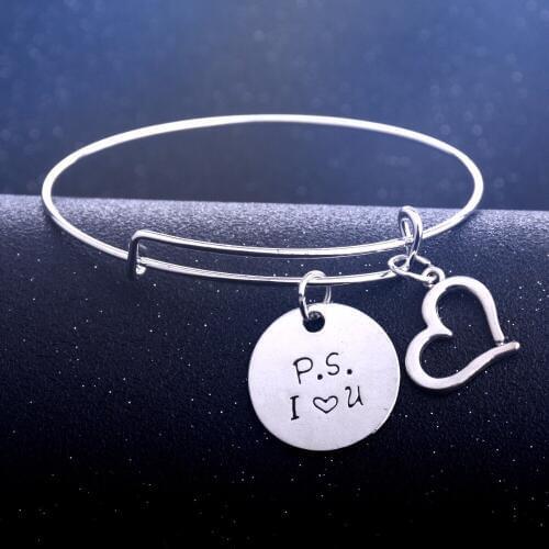 Trendy P.S I Love You Heart Pendants Charms Bangle Family Husband Wife Bangles Bracelets Women Men Jewelry Lovers Couples Gifts