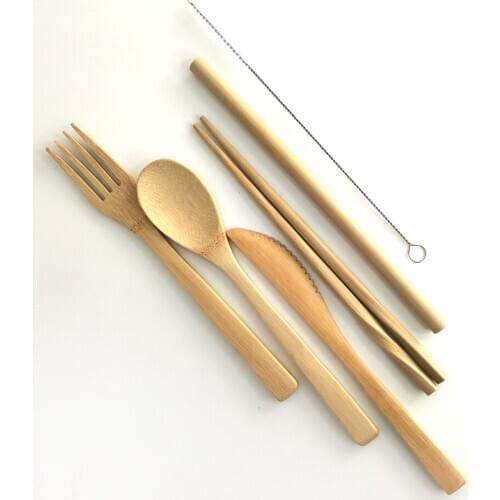 6pcs Portable Bamboo Cutlery Set Flatware Spoon Fork Knife Straw Chopsticks and Straw Brush Reusable Cutlery Natural Without Bag