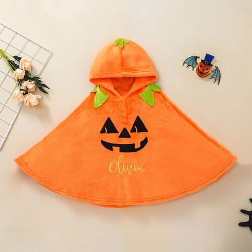Children Halloween Hooded Cape Coats Tops Pumpkin Letter Embroidery Cloak Autumn Winter Warm Flannel Outerwear 3-8Y