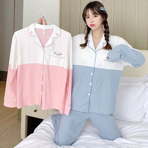 2021 Autumn Long Sleeve Cotton Pajama Sets for Women Korean Sleepwear Suit Pyjamas Homewear Loungewear Pijama Mujer Home Clothes