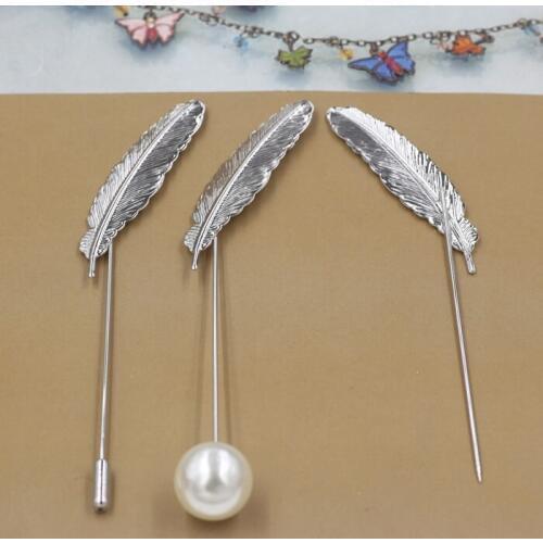 10 Sets 75mm Metal Copper Rhodium Feather Brooch Pin Men Suit Accessories DIY Mens Lapel Pin For Jewelry Making