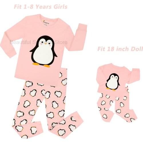 Kids Pajamas With 18 Inches Doll Matching Pajamas Sets Girls Pijama Infantil Kids Girl Baby Clothes Penguin Animal Pyjamas