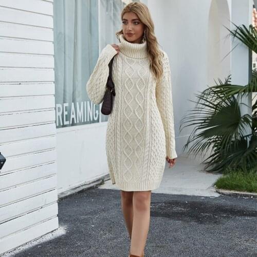 Turtleneck Long Sleeve Sweater Dress Women Solid Flexible Straight Knitted Dress Elegant Style Thick Twisted Female Mini Dress