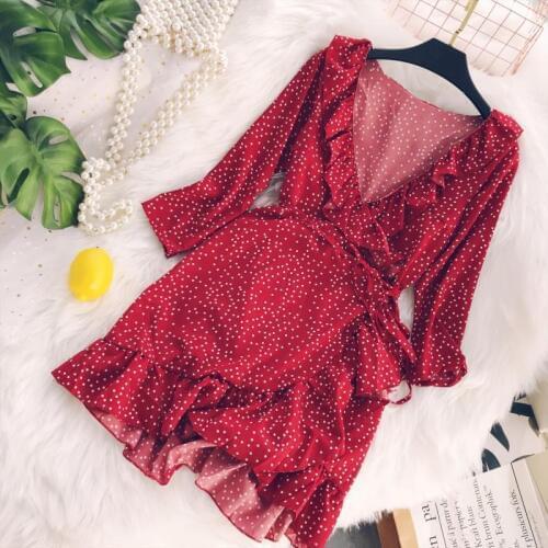 Korean Women Dot V-Neck Dress Summer Casual Three Quarter Ruffles A-Line Party Dress Empire Knee-Length Vestidos Cute Clothing