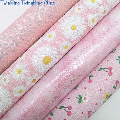 Pink Glitter leather, Sunflowers Printed Glitter Fabric Leather, Metallic Faxu Fabric Sheet For Bow 21x29CM Twinkling Ming KM310