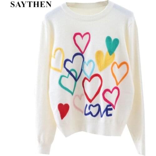 SAYTHEN 2021 Spring Women Lovely Sweater O-Neck Colorful Candy Color Heart Embroidery Knitwear Slim All-Match Pullover Femme