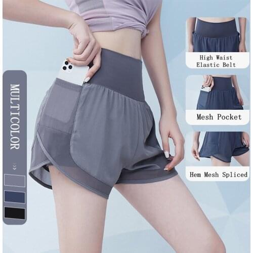 Vansydical Women Mesh Yoga Shorts Gym Fake Two Shorts Side Pocket Running Jogging Shorts Quick Dry Workout Fitness Sportwear