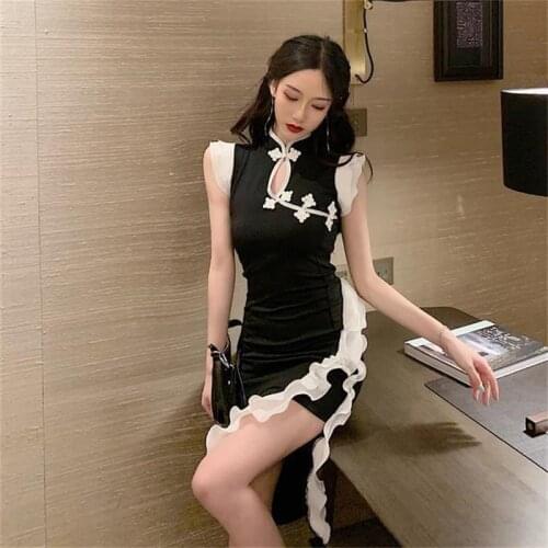 Women Fashion Temperament Cheongsam Sexy Slim Ruffle Qipao Waist High Split Dress Cotton Sleeveless Party Femme Robe Orientale