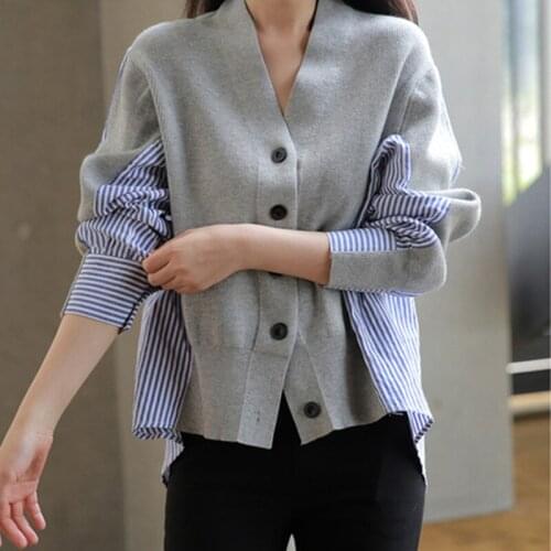 Fad Womens Autumn Spring Sweaters Korean Style t Shirt Patchwork Knitted Carigans V Neck Single Breasted Casual Female Outwear