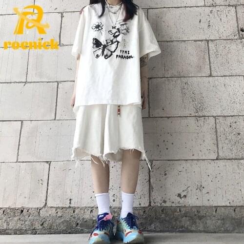 ROENICK Womens Jeans Summer Raw Edge Knee Length Shorts Loose Vintage Japanese Wide-leg Pants Hip Hops Casual Straight