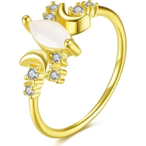AMORUI Opal Natural Stone Rings Simple Style Moon Shaped Rhinestone Silver Color Women Rings For Party Gift Weeding Wholesale