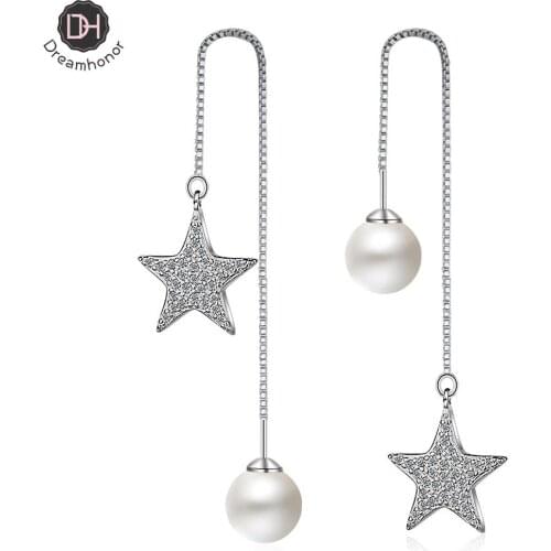 Dreamhonor Personality Female Pearl Full Zirconia Star 925 Sterling Silver Drop Earrings Fashion Wedding Jewelry Accessories