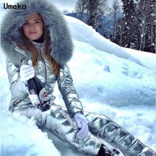 Umeko 2020 Winter Womens Hooded Jumpsuits Parka Cotton Padded Warm Sashes Ski Suit Straight Zipper One Piece Casual Tracksuits