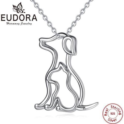 EUDORA New 925 Sterling Silver Cute Animal Dog Cat Pendant Necklace For Women Girls Jewelry Dog Charm Statement Necklace CYD048