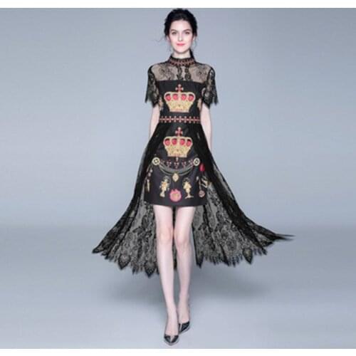 2021 Summer Vintage Crown Printing For Short Sleeve Women Dress Collar Sexy Perspective Lace Splice A-Line Slim Fit Long Dresses