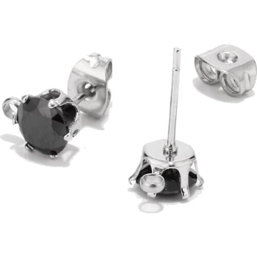 50pcs 6mm Stainless Steel Round Cut Cubic Zirconia Stud Earring Post with Loop Ear Stud Components for Earrings Making