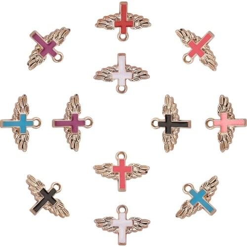 70pcs Plastic Enamel Cross Charms 7 Colors Crucifix Cross with Angel Wing Pendants for Bracelets Necklaces Jewelry Making